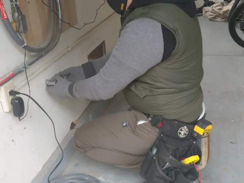 Electrician performing outlet wiring in a New Milford garage
